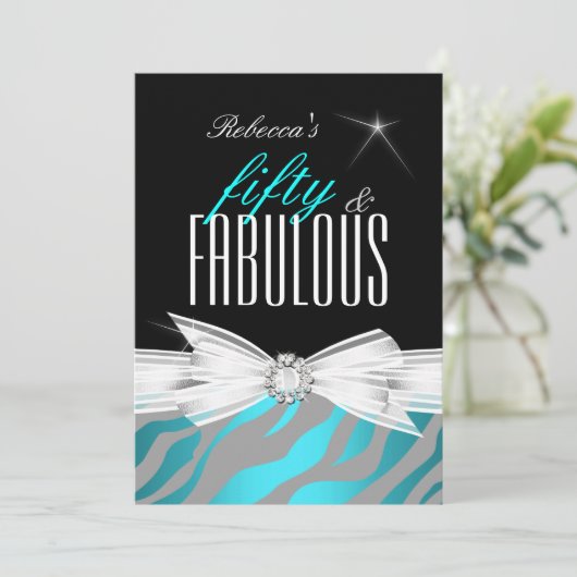 Invitation Fabuleux Turquoise Black Grey Zebra 50e fête d'ann (Debout devant)
