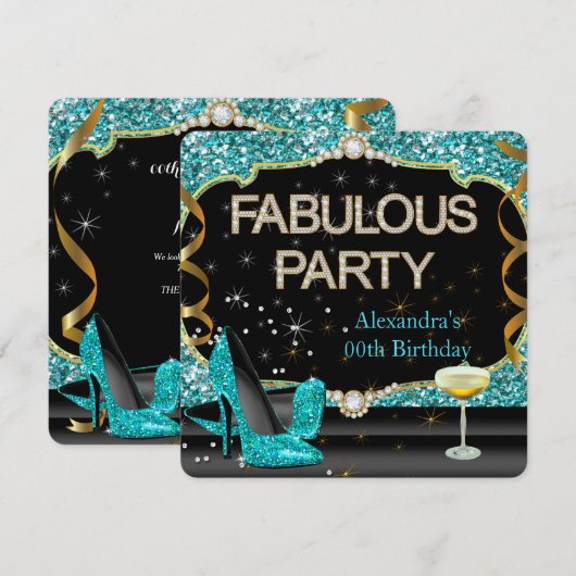 Invitation Fabuleux Turquoise Black Parties scintillant fête  (Devant / Derrière)