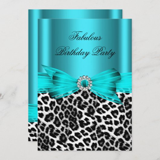Invitation Fabuleux Turquoise bleu sauvage léopard fête d'ann (Devant / Derrière)