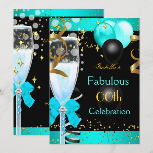 Invitation Fabuleux Turquoise Blue Champagne Gold fête d'anni (Devant / Derrière)