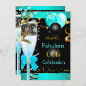 Invitation Fabuleux Turquoise Blue Champagne Gold fête d'anni (Devant / Derrière)