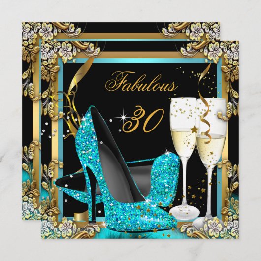Invitation Fabuleux Turquoise Blue Heels Black Champagne Part (Devant / Derrière)