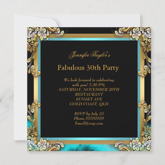 Invitation Fabuleux Turquoise Blue Heels Black Champagne Part (Dos)