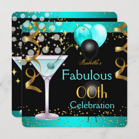 Invitation Fabuleux Turquoise Blue Martini Gold fête d'annive (Devant / Derrière)