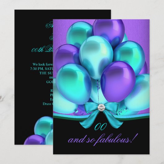 Invitation Fabuleux Turquoise violet ballons Noir Anniversair (Devant / Derrière)