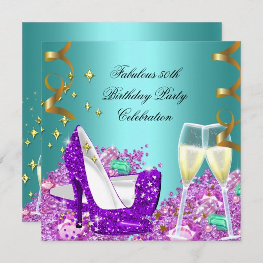 Invitation Fabuleux Turquoise violet Parties scintillant haut (Devant / Derrière)