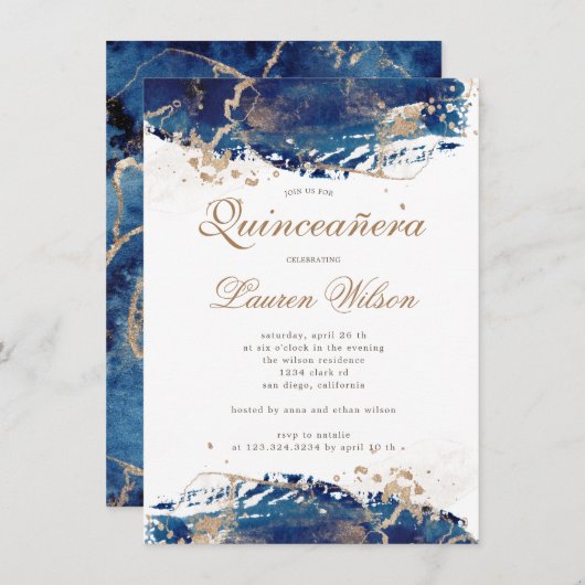 Invitation fabuleux vagues d'or de la marine Quinceanera Invi (Devant / Derrière)