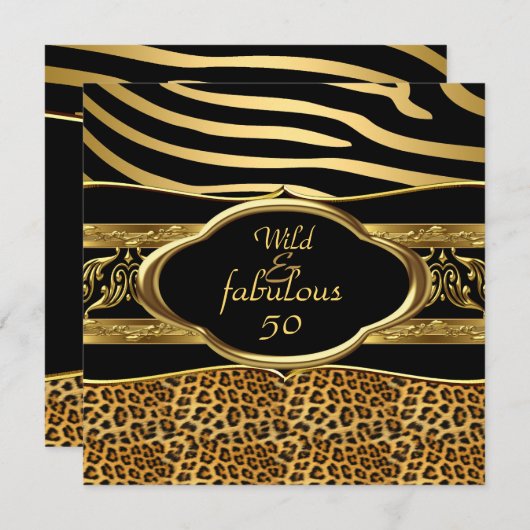 Invitation Fabuleux Zebra Leopard Black Gold Birthday 3 (Devant / Derrière)