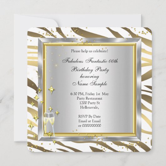 Invitation Fabuleux Zebra Stripe Champagne Gold Silver Party (Dos)