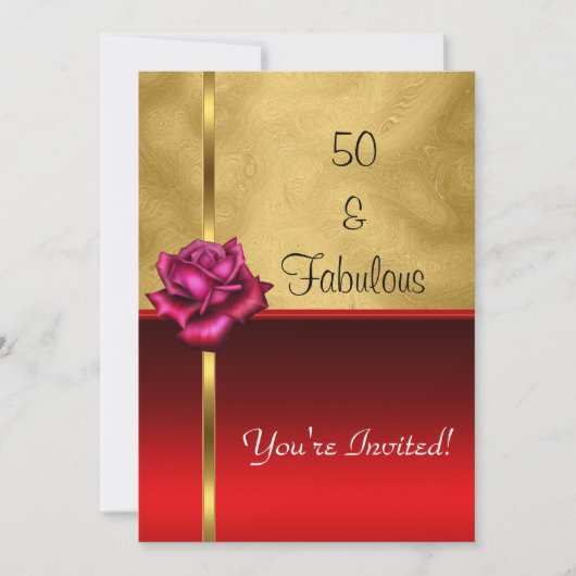 Invitation Fabulos 50e Anniversaire Fleur Rouge Or (Devant)