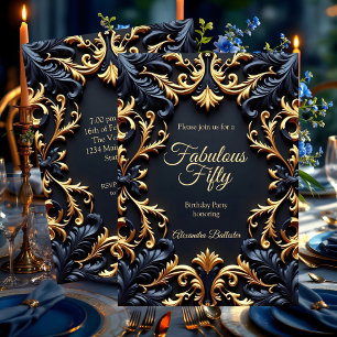 Invitation Fabulose Fête d'Anniversaire Élégante Or Bleu Noir