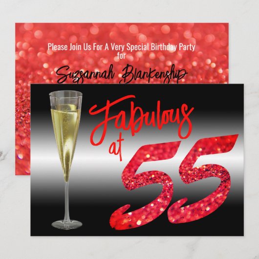 Invitation Fabulosité à 55 ans Anniversaire Paillettes Corail (Devant / Derrière)