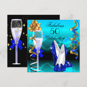 Invitation Fabulosus 50 Royal Blue Turquoise Gold Urodziny