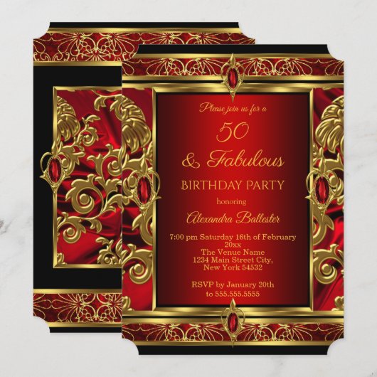 Invitation Fabulous 50 Anniversaire Rouge Rubis Jewel Damask  (Devant / Derrière)