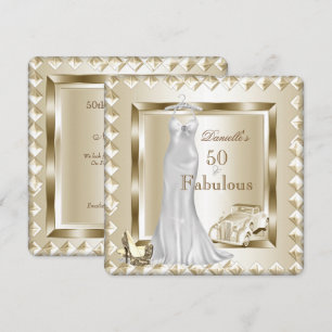 Invitation Fabulous 50 Crème Or Deco Robe Voiture Vintage Tal