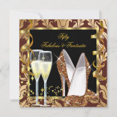Invitation Fabulous 50 & Fantastic Brown Gold Damask Party (Devant)