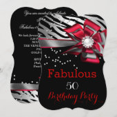 Invitation Fabulous 50 Fête Red Zebra Noir Perle Argent (Devant / Derrière)