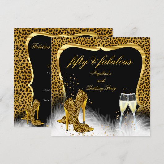 Invitation Fabulous 50 Party Champagne Doré Léopard (Devant / Derrière)