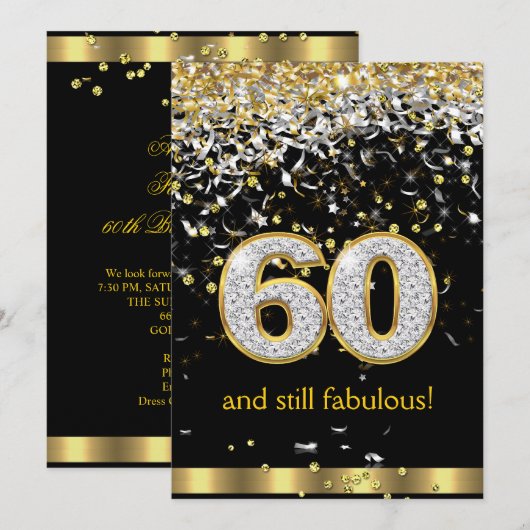 Invitation Fabulous 60 Rubans Dorés Argentés 60e Anniversaire (Devant / Derrière)