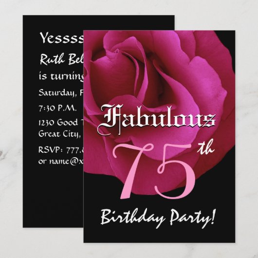 Invitation Fabulous 75 Anniversaire de la fête Ruby Red Rose (Devant / Derrière)