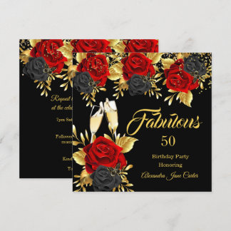 Invitation Fabulous Anniversaire Champagne Roses Rouges Noire
