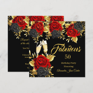 Invitation Fabulous Anniversaire Champagne Roses Rouges Noire