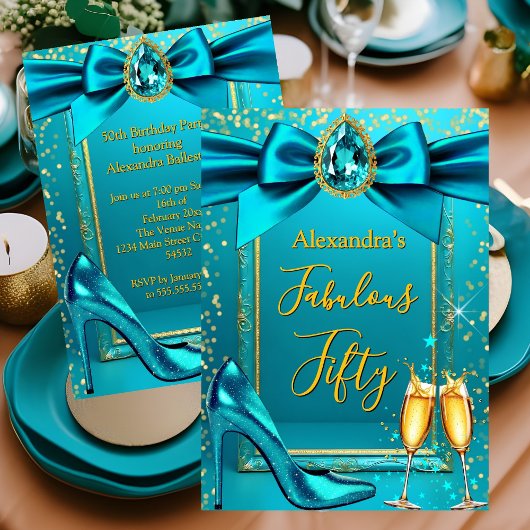 Invitation Fabulous Birthday Blue Teal Heel Champagne Gold