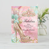 Invitation Fabulous birthday Blush Pink Teal Tiara Gold Heel (Debout devant)
