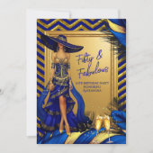 Invitation Fabulous Birthday Glamor Woman Blue Gold Feathers (Devant)