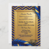 Invitation Fabulous Birthday Glamor Woman Blue Gold Feathers (Dos)