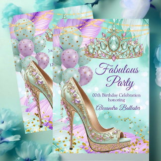 Invitation Fabulous birthday Lilac Teal Tiara Gold Heel