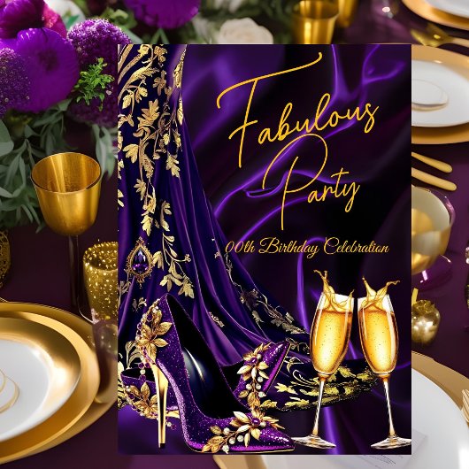 Invitation Fabulous Birthday Purple Gold Heels Champagne