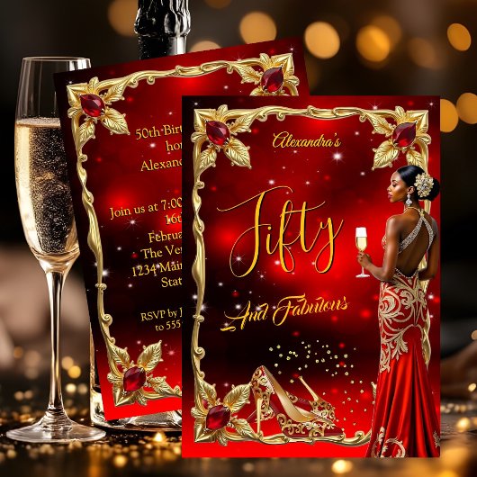 Invitation Fabulous Birthday Red Dress Gold High Heels Ethnic