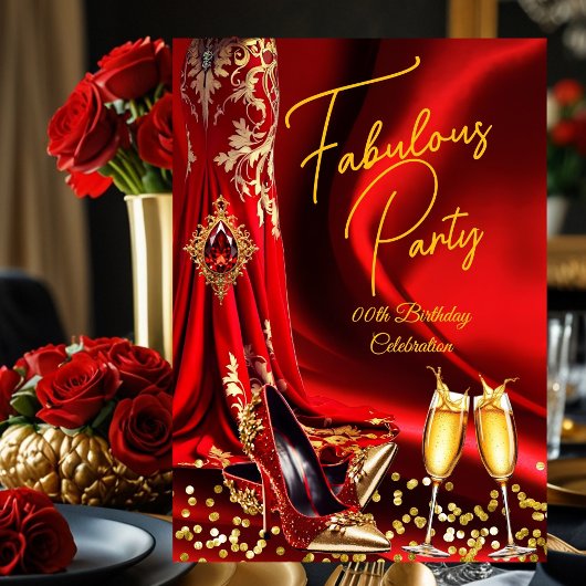 Invitation Fabulous Birthday Red Gold Heels Champagne