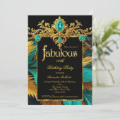 Invitation Fabulous Birthday Teal Blue Gold Gems Feathers (Debout devant)