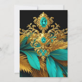 Invitation Fabulous Birthday Teal Blue Gold Gems Feathers (Dos)