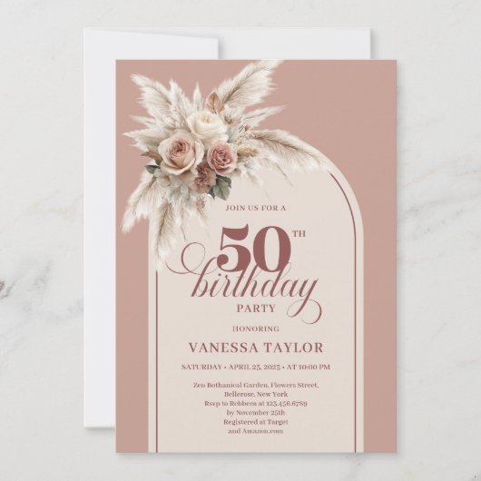 Invitation Fabulous Boho Dusty Pink Pampas Floral 50 Birthday (Devant)