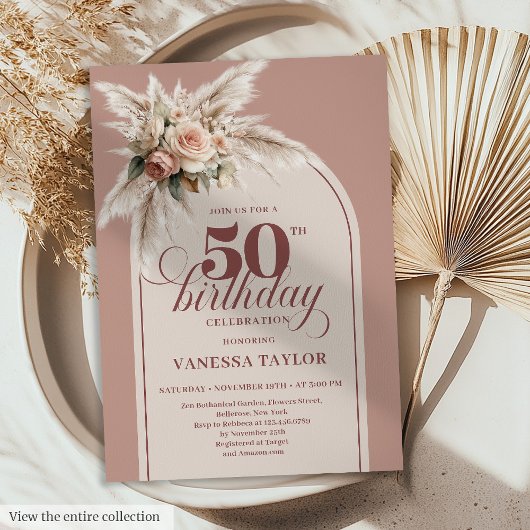 Invitation Fabulous Boho Dusty Pink Pampas Floral Fifty 50th