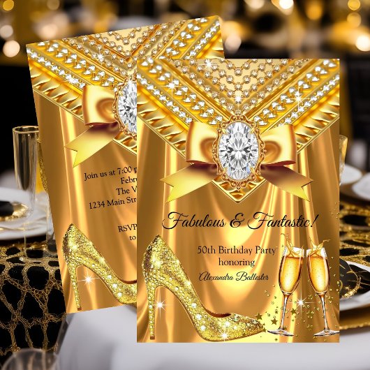 Invitation Fabulous Champagne birthday Gold Heel Diamonds