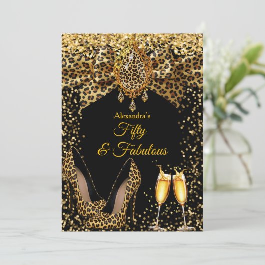 Invitation Fabulous Champagne birthday Leopard Gold Heel Gems (Debout devant)