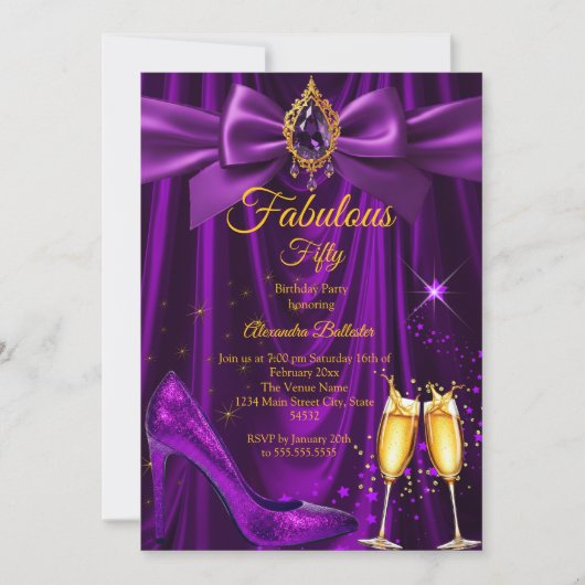 Invitation Fabulous Champagne birthday Purple Gold Heel Gem (Devant)