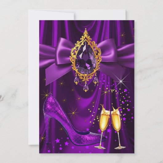 Invitation Fabulous Champagne birthday Purple Gold Heel Gem (Dos)