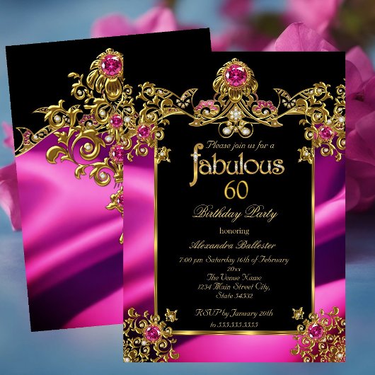 Invitation Fabulous Elegant 60e anniversaire Fuchsia Gold Gem