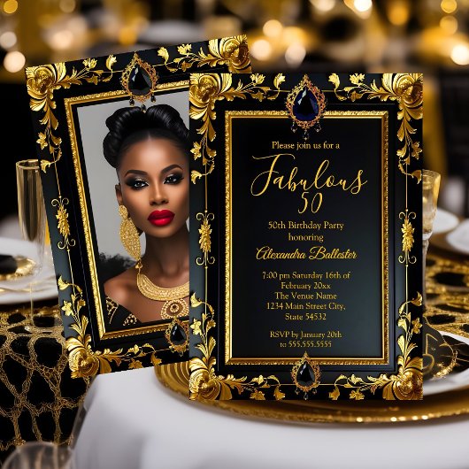 Invitation Fabulous Elegant Birthday Photo Gold Black Jewels