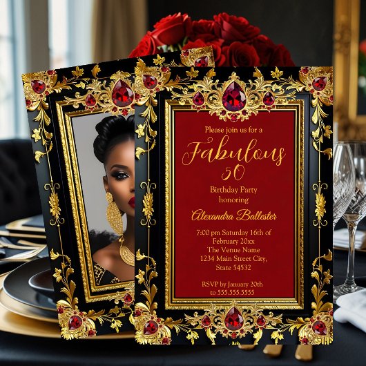 Invitation Fabulous Elegant Birthday Photo Red Gold Black Gem