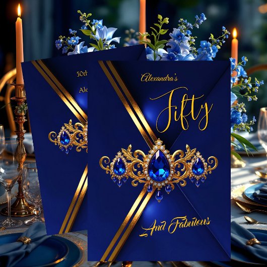 Invitation Fabulous Fifty Birthday Royal Blue Gold Gems