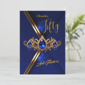 Invitation Fabulous Fifty Birthday Royal Blue Gold Gems (Debout devant)