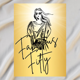 Invitation Fabulous Fifty Woman Gold Sketch 50e anniversaire