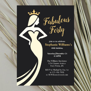 Invitation Fabulous Forty Reine Golden Noir 40e Anniversaire