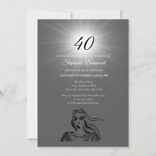Invitation Fabulous Forty Woman Black Sketch 40th Birthday (Dos)